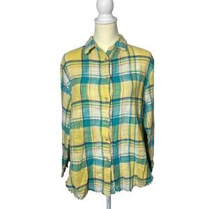 La Miel Plaid Button Front Long Sleeve Frayed Hem Flannel Women's Size L